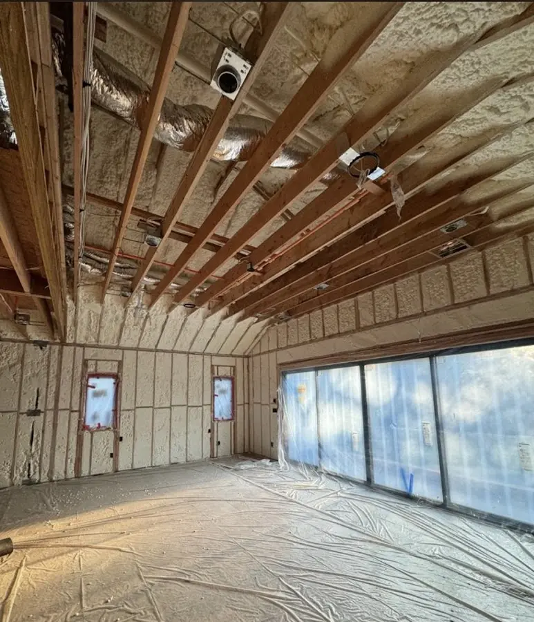 Interior walls and ceiling insulated with spray foam during new construction in South Lake Tahoe